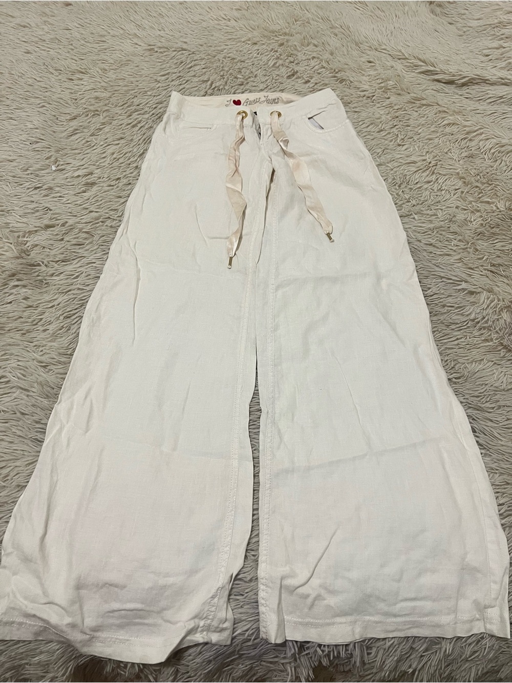 Guess White Wide-Leg Drawstring Pants with Ribbon Ties